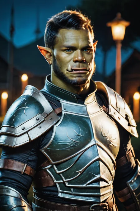 score_9, score_8_up, score_7_up, rating_safe, realistic, 1boy, solo, male focus, mature male, orc, green skin, tusks, blue eyes, short hair, black hair, facial hair, beard, mustache, looking at viewer, armor, shoulder armor, breastplate, pauldrons, upper body, closed mouth, standing, outdoors, night, night sky, dark background <lora:Photo Style LoRA XL:1>