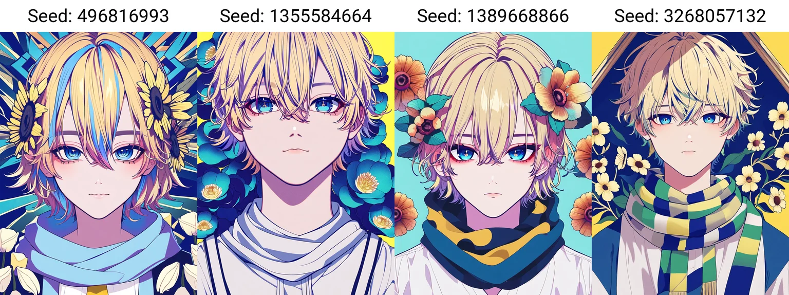 (masterpiece, best quality), solo, 1boy, short hair, shirt, blue eyes, looking at viewer, yellow background, gem, portrait, white shirt, multicolored hair, blonde hair, flower, hair between eyes, bangs, scarf,