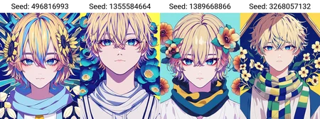 (masterpiece, best quality), solo, 1boy, short hair, shirt, blue eyes, looking at viewer, yellow background, gem, portrait, white shirt, multicolored hair, blonde hair, flower, hair between eyes, bangs, scarf,