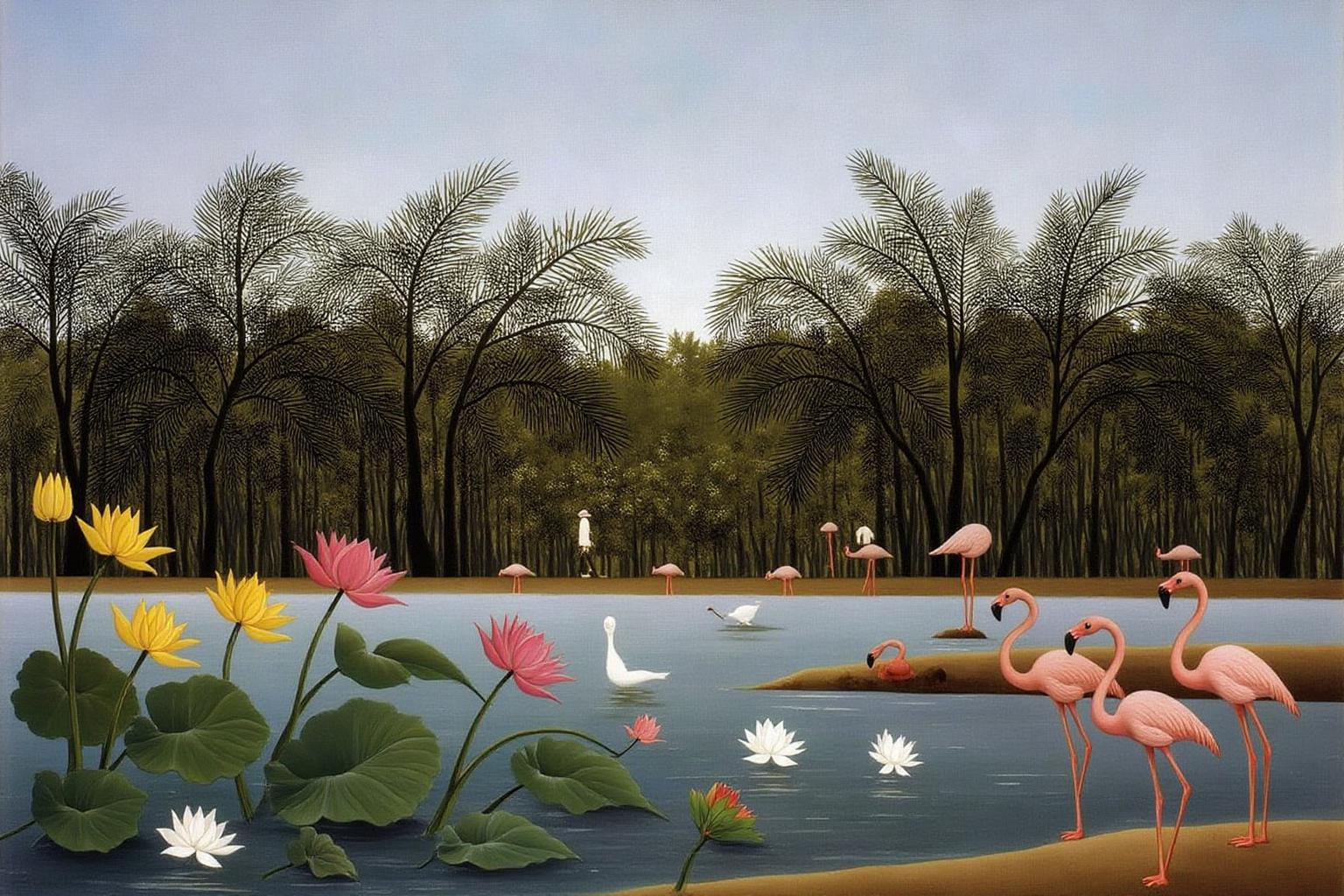 henrirousseau2 painting.
 The scene depicts a lake by lush vegetation and wildlife. The composition is divided into three sections: the foreground, middle ground, and background. In the foreground, large water lilies and lotus flowers in shades of pink and yellow bloom on the water's surface. There are pink flamingos in the bottom right corner of the image. <lora:henrirousseau2_cap_d6a3:1.0><lora:834051639502493126:0>
