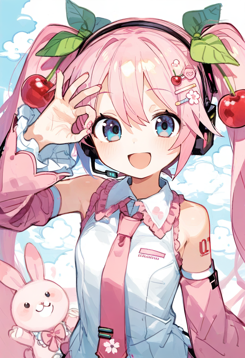 1girl,hatsune miku,sakura miku,vocaloid,blue eyes,blush,bow,cherry hair ornament,cloud,collared shirt,crescent,decora,detached sleeves,flower,food-themed hair ornament,frilled shirt collar,frilled sleeves,frills,hair bow,hair ornament,hairclip,hand up,handheld game console,headphones,headset,heart,heart hair ornament,long hair,long sleeves,looking at viewer,nail art,nail polish,necktie,ok sign,ok sign over eye,open mouth,pink hair,rabbit,shirt,sleeveless,sleeveless shirt,smile,solo,tie clip,twintails,cherry blossoms,pink nails,star \(symbol\),food,upper body,pink theme,:d <lora:n_XL_NBVP1_lokr_V6311PZ:0.95>