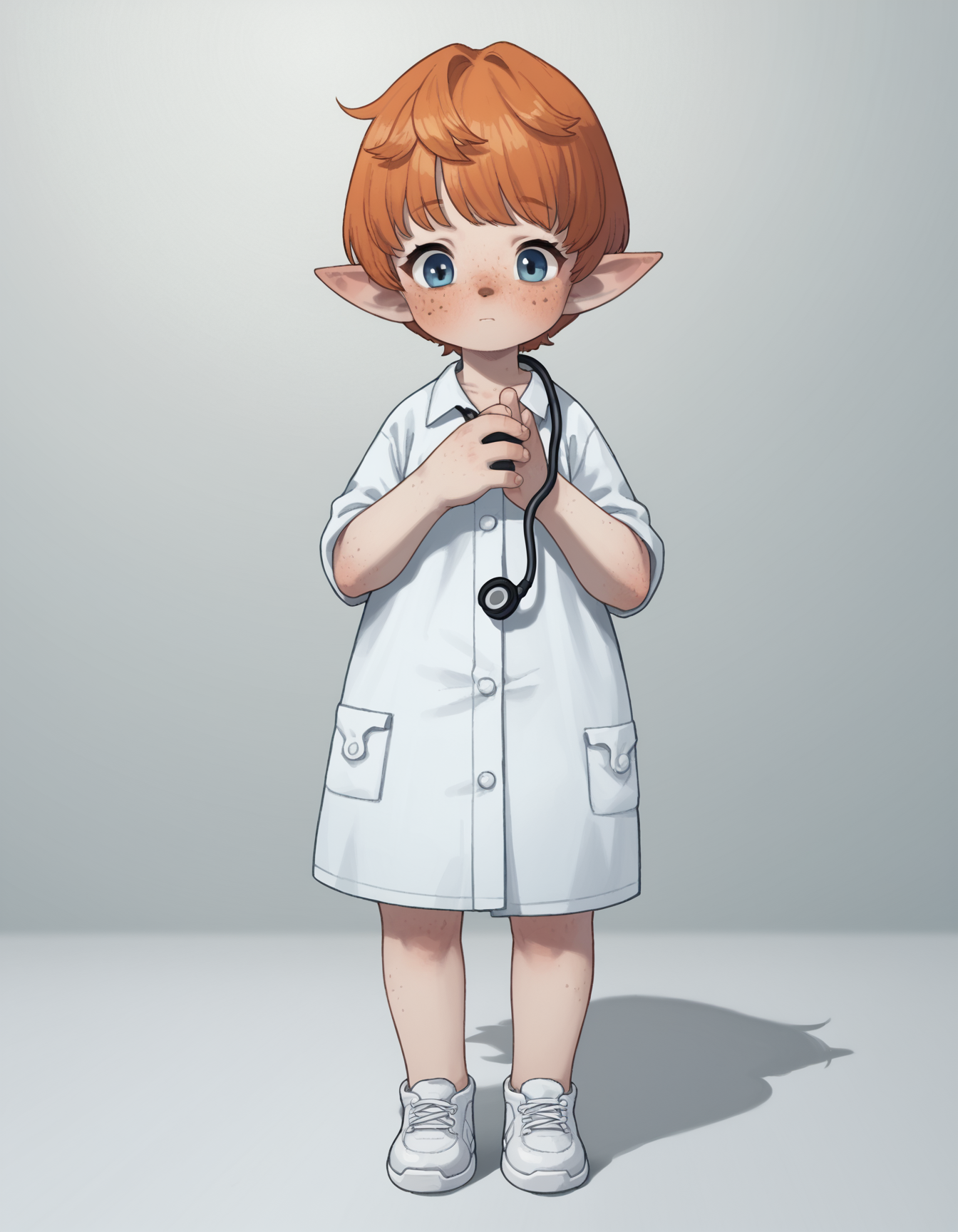 zPDXL, score_9, score_8_up, score_7_up, source_anime,
1girl, solo, doctor wearing a green medical scrub, slacks, white sneakers, stethoscope,holding a penlight,  <lora:PossumMachine_v2:0.8> possmach, little girl, child, flat chest, <lora:Popipi_v1-10:0.8> popipi, lalafell, blue eyes, dark nose, freckles, orange hair, short hair, pointy ears,