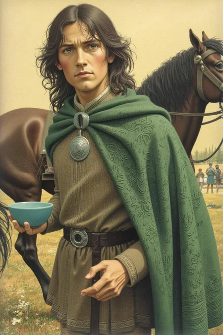 jeanleonhuens1 illustration.
jole1. A young man leading a horse. The young man has has long, dark hair and a serious expression, wearing a green cloak with intricate patterns and a brown tunic adorned with a silver pendant. He hold a small, blue bowl in his left hand.
<lora:jeanleonhuens1_ap_d6a3e12:1.0><lora:844822803300643772:0>