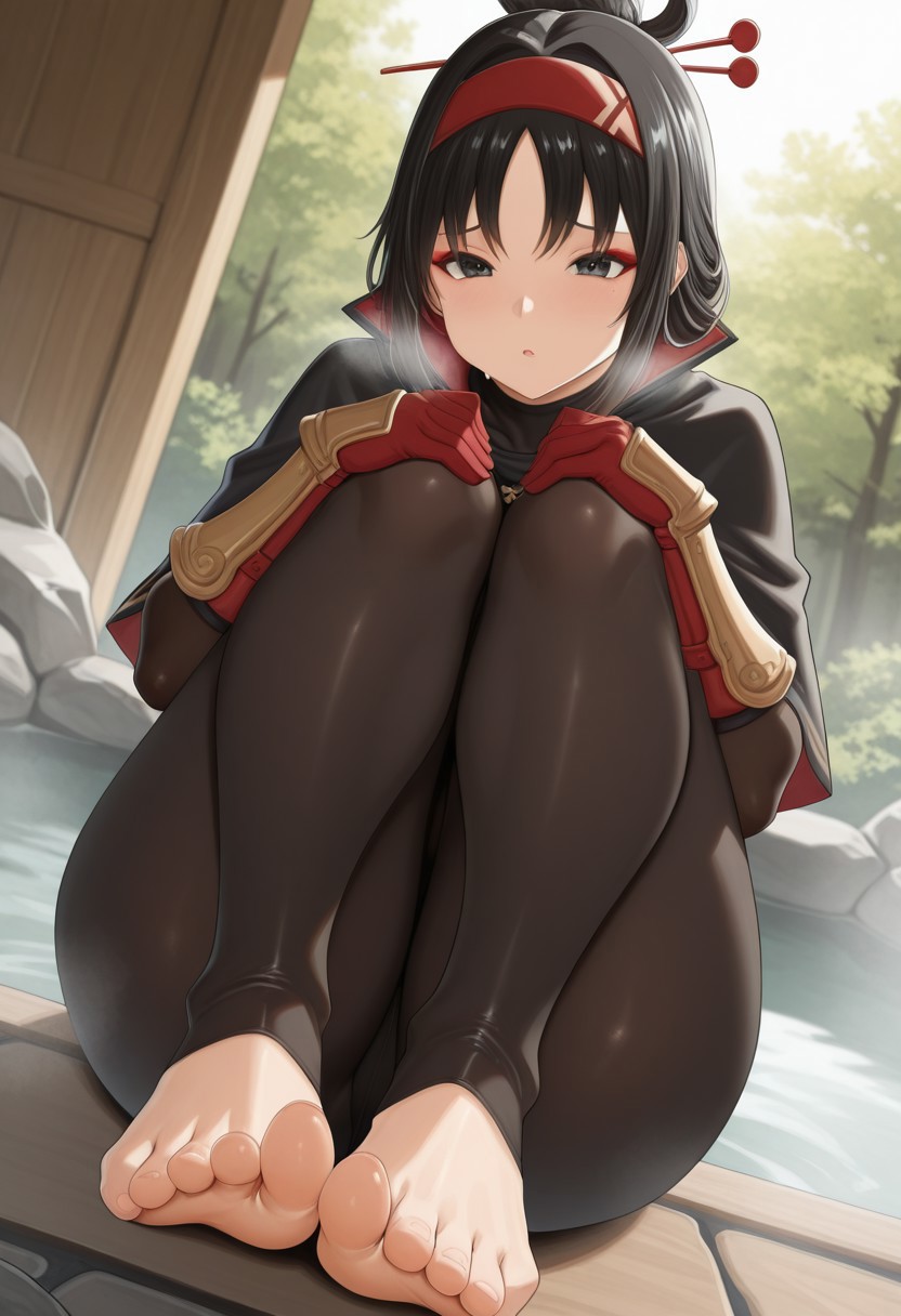 chomikuplus,  outdoors, undershirt, falling feathers, black bodysuit, hair stick, hugging knees, knees to chest, gauntlets, eyeshadow, red gloves, two sides up, black capelet, red hairband, black eyes, 1girl, solo, feet, visible breath, dynamic angle, foreshortening, smell, steam, onsen, water, 5 toes,