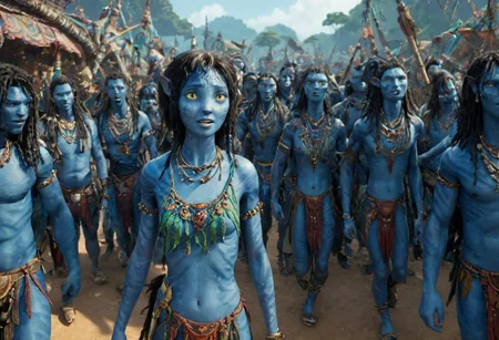 Kiri walking towards the crowd of blue-skin tribeswomen, full body, (very detailed face), [[big eyes wide open]], (wide heavy necklace), thick necklace of (((many))) pieces, SK_CINEMATIC