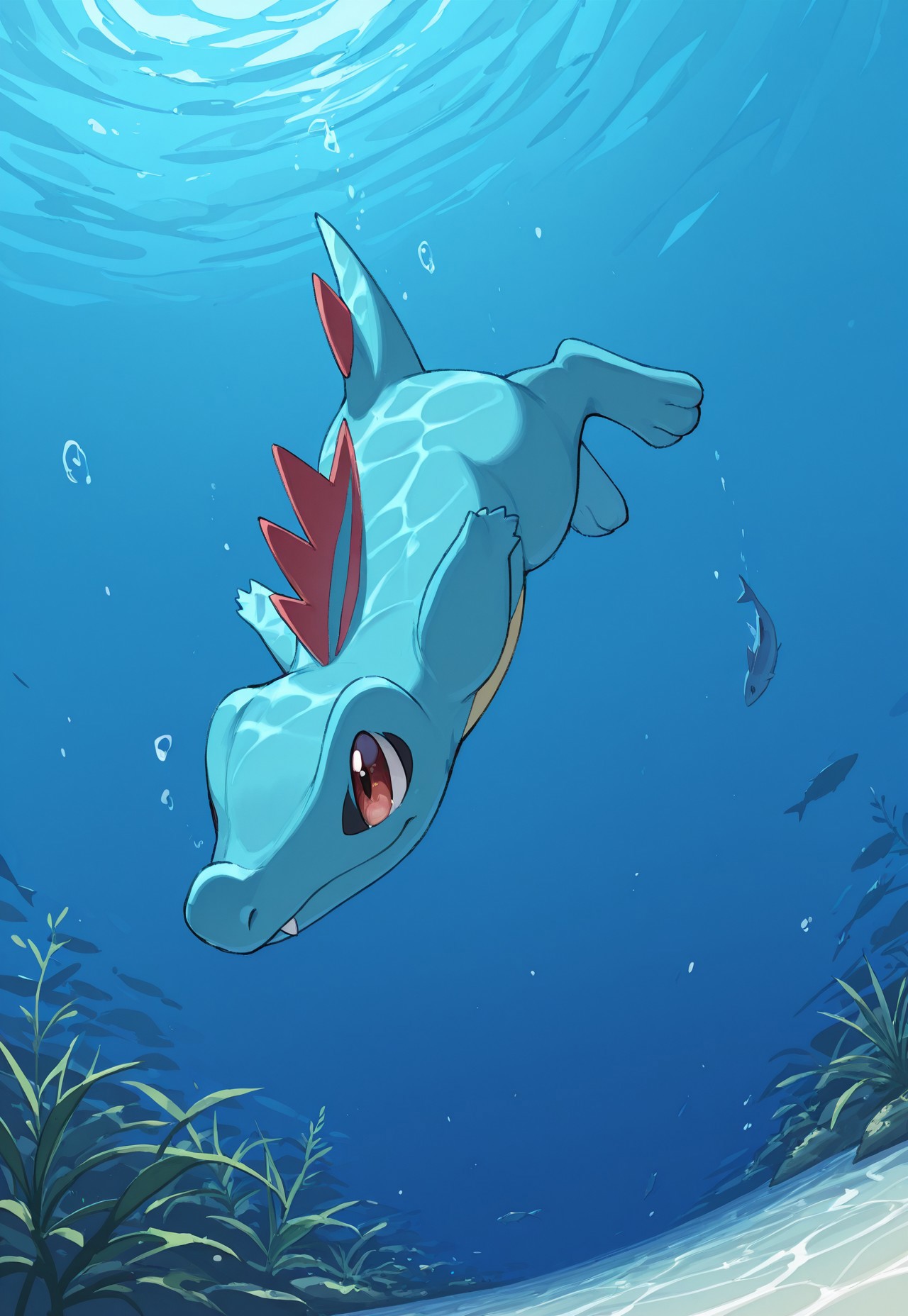 masterpiece, best quality, amazing quality, very aesthetic, absurdres, PKMN_Totodile, solo, underwater, swimming, closed mouth, fangs out, dynamic pose, perspective, outdoors, plants, fish