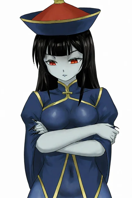 ofuda,jiangshi,skyzen,blue skin,chinese clothes,red eyes,1girl,black hair,long hair,standing,qingdai guanmao,<lora:skyzen:0.85>,cowboy shot,simple background,white background,crossed arms,