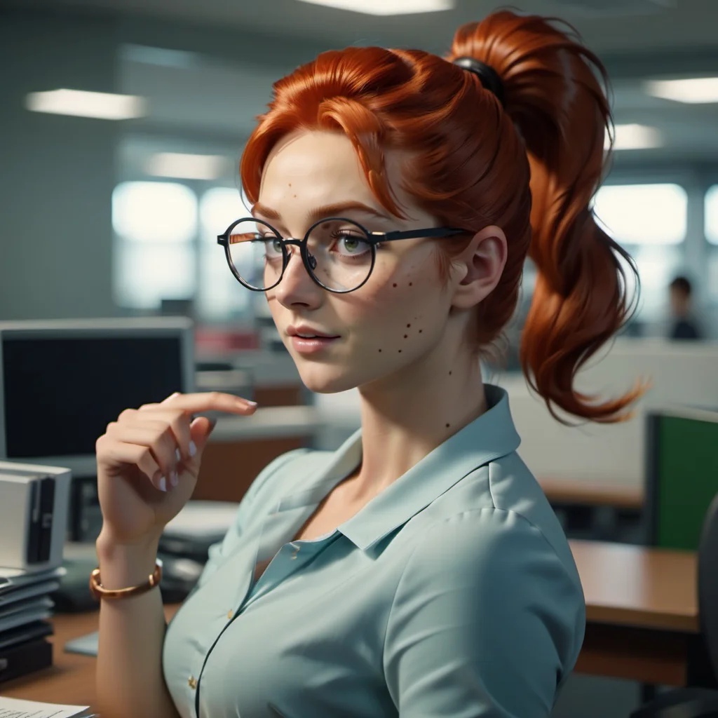 cinematic photo 1girl, solo, round glasses, freckles, redhead, ponytail, in an office <lora:MlleJeanne1024-step00000800:0.8> . 35mm photograph, film, bokeh, professional, 4k, highly detailed