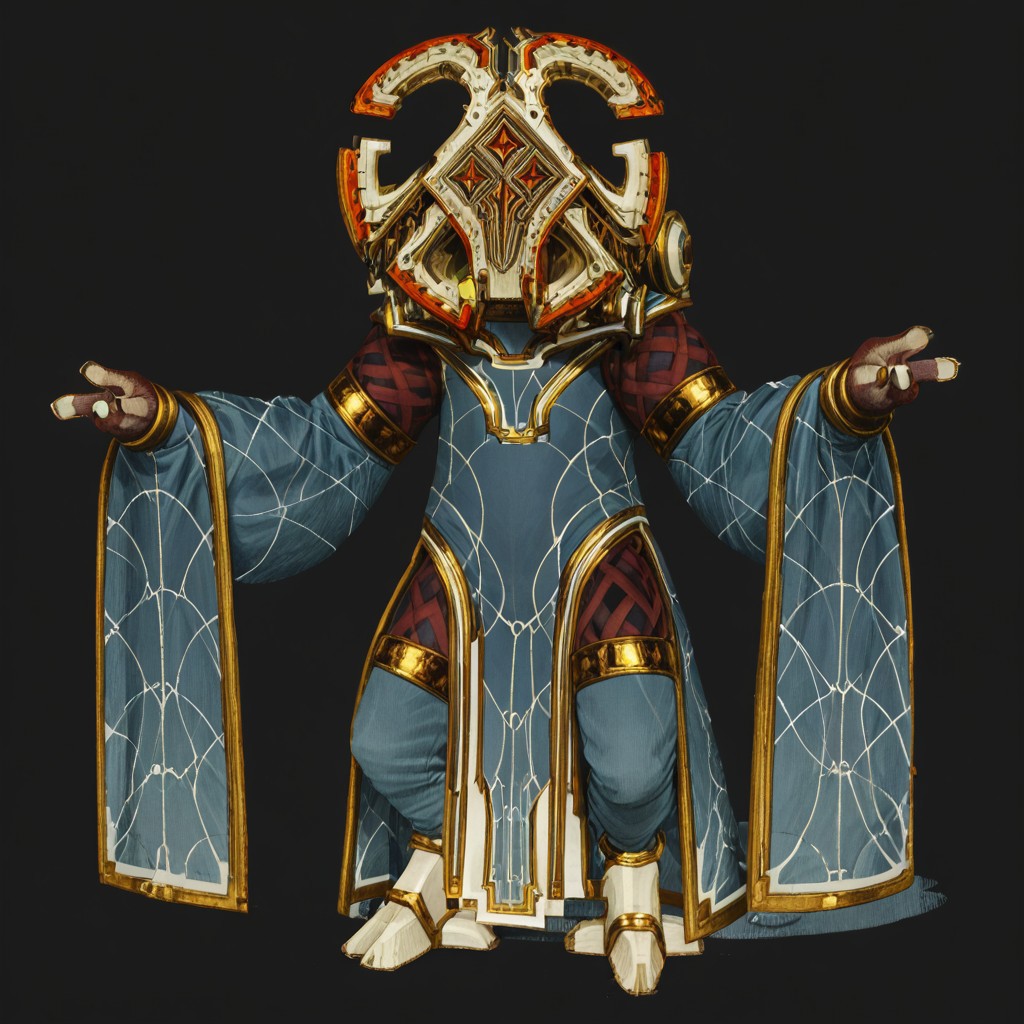 smile, helmet, hooves, robe, black background, 1other, full body, standing, tabard, colored sclera, boots