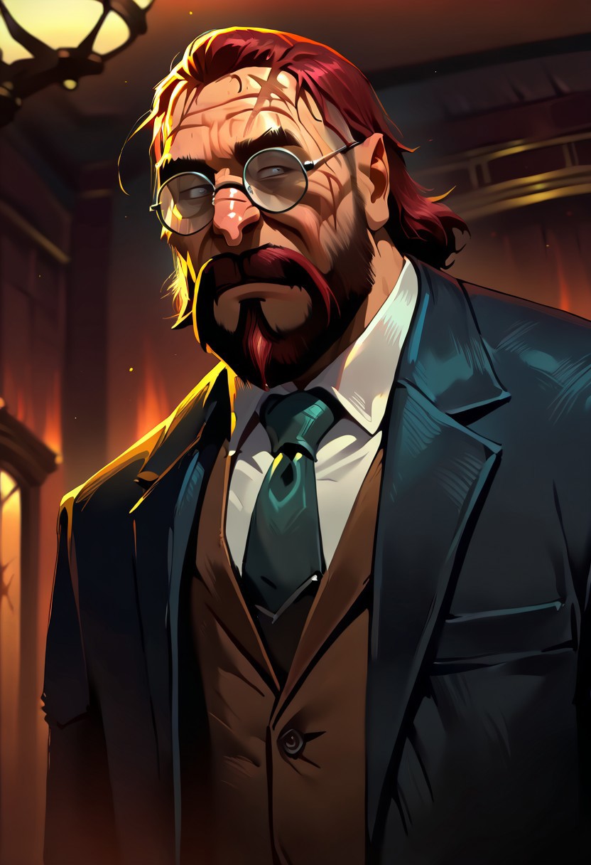 masterpiece, best quality, newest, absurdres, highres, Warbringersstyle-V1.0, male focus, solo, solo focus, 1boy, glasses, red hair, suit, round glasses, beard, facial hair, mustache, scar, scars on face