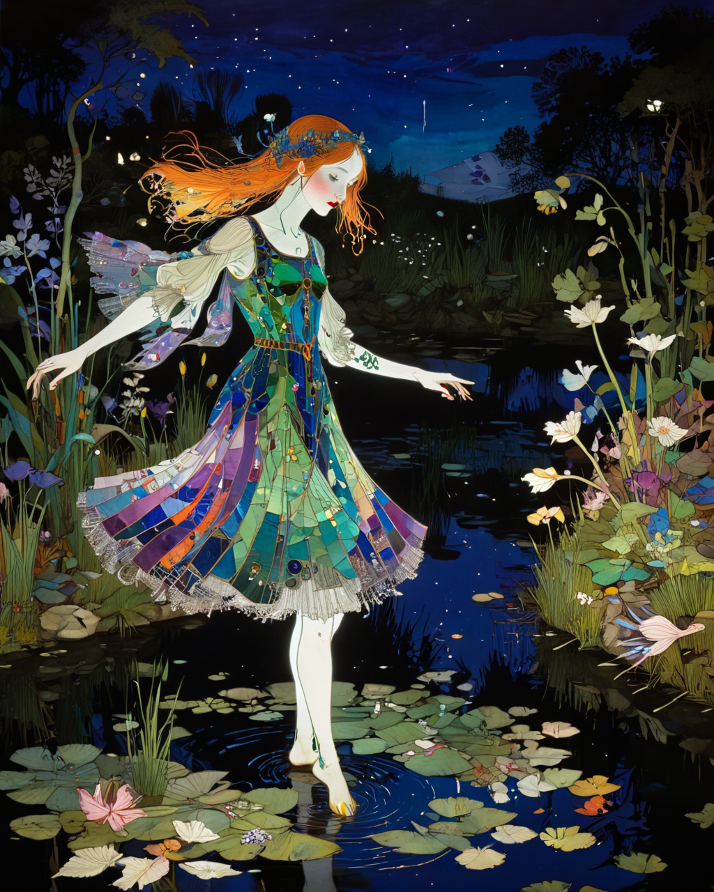 girl dancing around a pond, Harry Clarke,  volumetric lighting, <lora:add-detail-xl:1>, <lora:xl_more_art-full_v1:0.8>