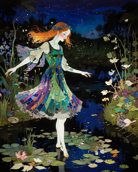 girl dancing around a pond, Harry Clarke, volumetric lighting, <lora:add-detail-xl:1>, <lora:xl_more_art-full_v1:0.8>