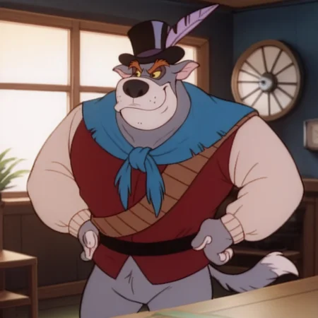 score_9, score_8_up, score_7_up,  dumptruck, male, furry male, anthro, solo, dog, grey fur, yellow sclera, black eyes, brown eyebrows, grey muzzle, black nose, feathered top hat, blue ascot, red tunic, white sleeves, standing, smile, hands on hips, indoors, living room