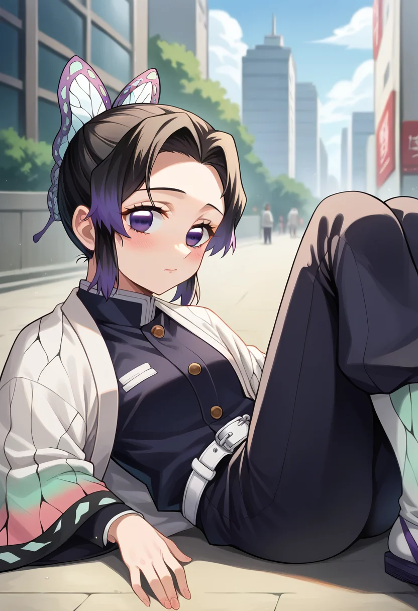 score_9, score_8_up, score_7_up, source_anime, masterpiece, 1girl, ct_sh1n0bu, haori, white belt, black uniform, black pants, wide sleeves, outdoors, edo period, city, ground, on ground, lying, on ground, looking at viewer, blush, depth of field, close-up, knee up,<lora:Shinobu_Kochou_p_ct_ver2:0.8>