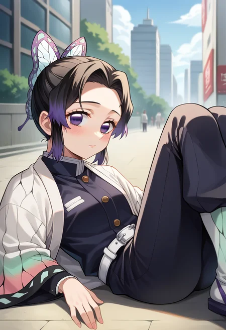 score_9, score_8_up, score_7_up, source_anime, masterpiece, 1girl, ct_sh1n0bu, haori, white belt, black uniform, black pants, wide sleeves, outdoors, edo period, city, ground, on ground, lying, on ground, looking at viewer, blush, depth of field, close-up, knee up,<lora:Shinobu_Kochou_p_ct_ver2:0.8>