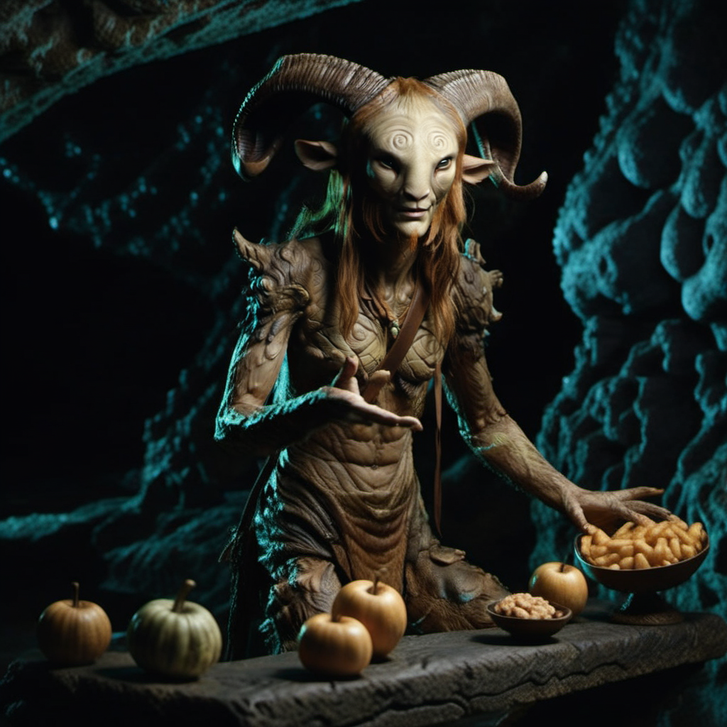 Faun1024, an humanoid creature, crossed arm, a table with food in a cave, darkness, highly detailed, photography, ultra sharp, film, bokeh, professional, 4k     <lora:Faun1024:0.8> <lora:add-detail-xl:1.5>