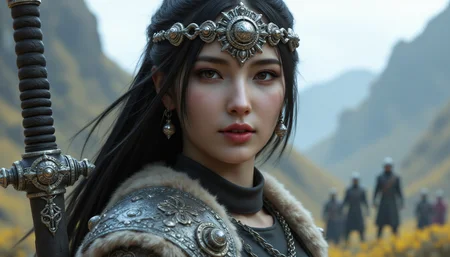 a photo of character of a 50 years old (((female))) mongolian berserker, award winning image, highly detailed, 16k, video game concept art, ((tk-char)),