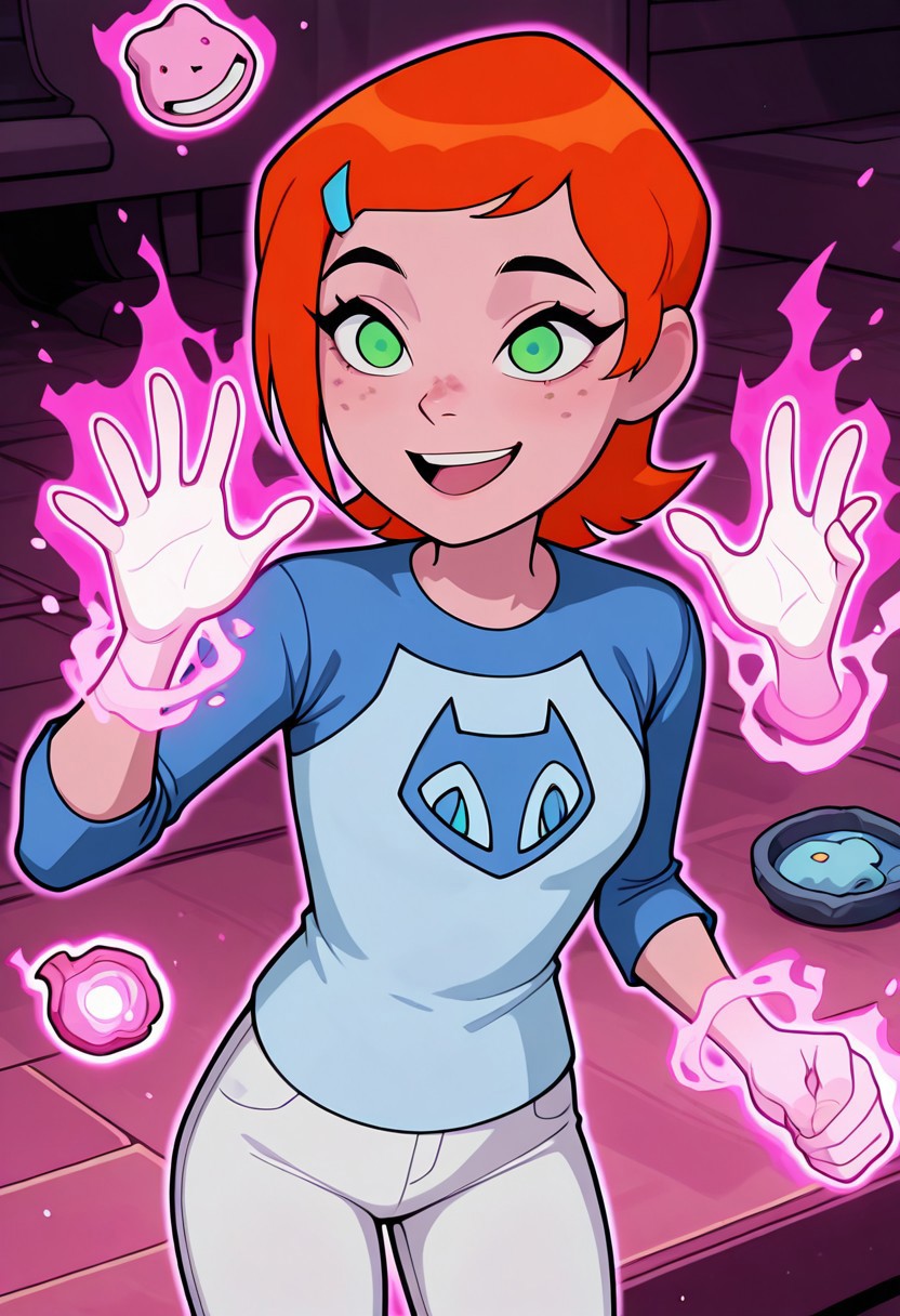 ((screencap, cartoon)) , masterpiece, best quality, amazing quality, very aesthetic, absurdres, newest,
gwenov, orange hair, 1girl, green eyes,,  freckles, 
white pants, blue shirt, raglan sleeves, short hair, hairclip
magic powers, pink powers, pink constructs, smile, loungint, floating food, open mouth, glowing hands,