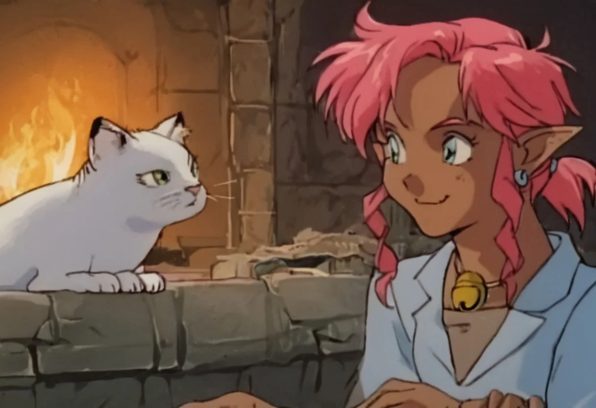 score_9, score_8_up, score_7_up, score_6_up, Masterpiece, source_anime screenshot, duo, 1 girl, 1 boy, vivid colors, retro anime style, anime style, high-res, beautiful aesthetic, very intricate, high-quality details, vibrant, highly detailed, award-winning, professional, <lora:pink-ponyxl-v2:1>, cute cat smile, single fang showing, bodysuit, red bodysuit, white cat ears, cat bell necklace, bright pink hair, tanned, white tiger tail, small breasts, detailed eyes, green eyes, detailed face, BREAK score_9, score_8_up, score_7_up, score_6_up, Masterpiece, source_anime, anime style, 1 girl, 1 boy, vivid colors, retro anime style, high-res, beautiful aesthetic, very intricate, high-quality details, vibrant, highly detailed, award-winning, professional, <lora:link:1> link1, link, pointy ears, blonde hair, blue eyes, medium hair, side locks, earrings, short ponytail, blue hylian tunic, domino mask, white facepaint, looking confused
Break
Inside a cozy cabin, in front of a fireplace