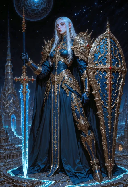 a powerful female warrior standing in an imposing pose. She has long, flowing white hair and pale skin, with a determined expression. Her armor is intricately designed with ornate blue and silver patterns, covering her torso and limbs. She holds a large, glowing blue sword in her right hand and a massive shield in her left, both adorned with elaborate designs. The background showcases a futuristic cityscape under a starry sky, with a large planet visible above. The overall color scheme is dominated by shades of blue and silver, creating a mystical and otherworldly atmosphere. oil-painting, romanticism, painting, elegance, opulence, beautiful, painterly, detailed, textural, artistic, aesthetic, intricate details, highly detailed,