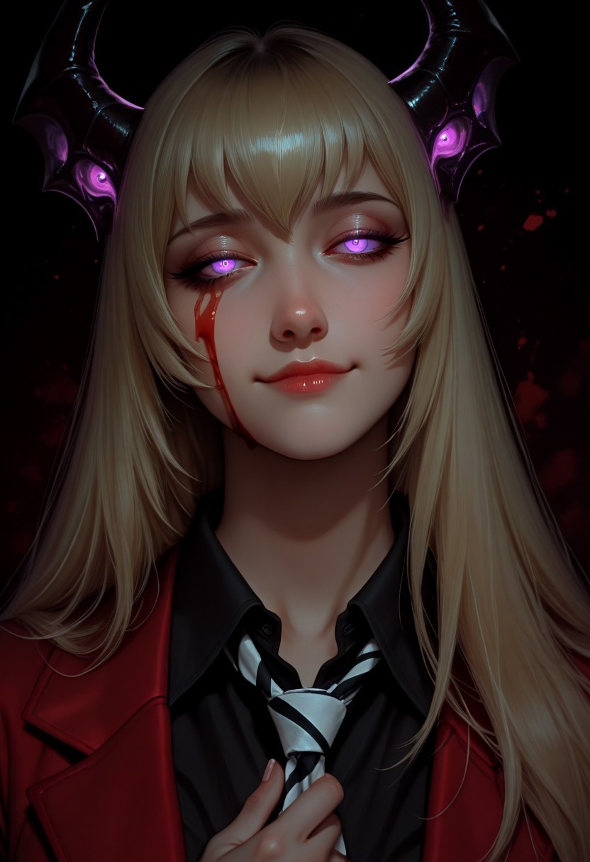masterpiece, best quality, good quality, very aesthetic, absurdres, newest, 8K, realistic, 1girl, Lan Asuka \(Devil Lady\), head tilt, long hair, blonde, bangs, smeared blood, blood on face, hand on own face, blood theme, violent theme, blue eyes, purple eyes, half-closed eyes, bored, glowing eyes, loose necktie, white necktie, light smile, yandere, maniac, adjusting necktie, striped necktie, collared shirt, black shirt, red blazer, dark theme, black theme,
,masterpiece,best quality,amazing quality, semi-realism, color theory, <lora:MoriiMee_Gothic_Niji_Style_Illustrious_r1:0.6> artist:moriimee,