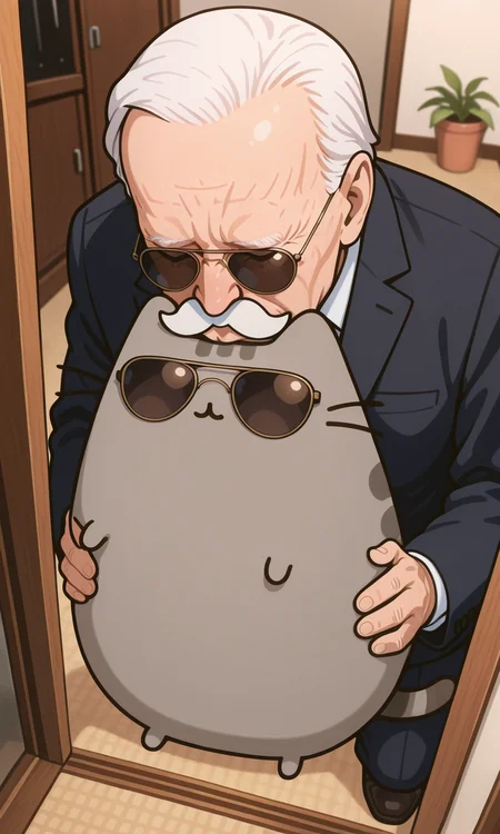 embedding:IllusP0s, pusheen, smelling another's hair, smelling from behind, old man, 1boy, fake mustache, high angle, from above, nose, aviator sunglasses,<lora:smelling another's hair, smelling from behind_illustrious.safetensors:1.0:1.0> <lora:PusheenIXL.safetensors:1:1>