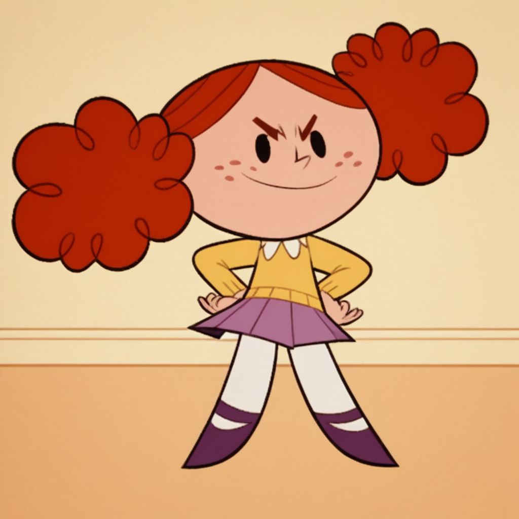 sscore_9, score_8_up, score_7_up, indoors, bedroom, dark red hair, twin curly poof hair, freckles, yellow sweater, white under shirt, white tights, purple skirt, violet shoes, solo, skirt, pantyhose, twintails, white pantyhose, full body, purple skirt, 1girl,black eyes, v-shaped eyebrows