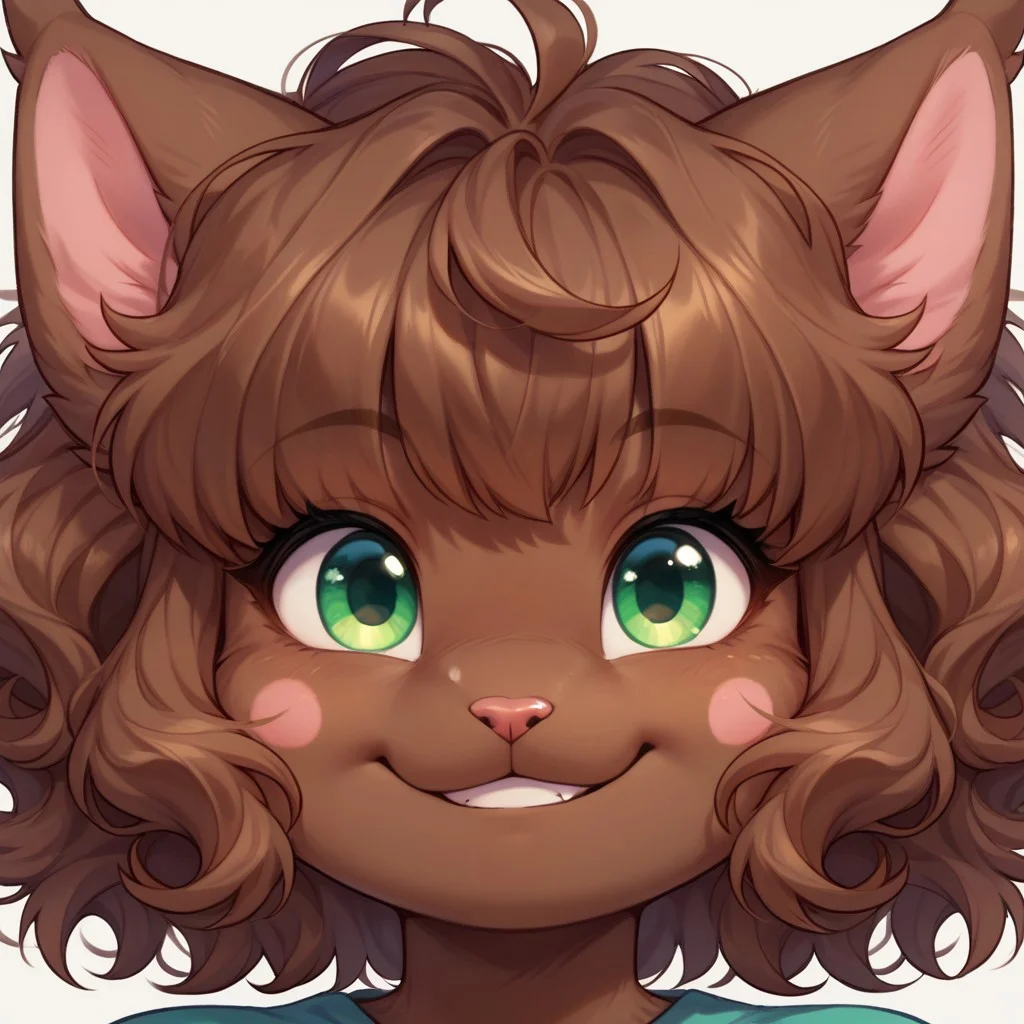 score_9, score_8_up, score_7_up, Darcie, anthro, brown fur, brown body, hair, pink cheeks, green eyes, Anthro, furry, FACE ONLY, HEAD ON, FACE FOCUS, fur, cute, centered, smile, winking, brown mouth