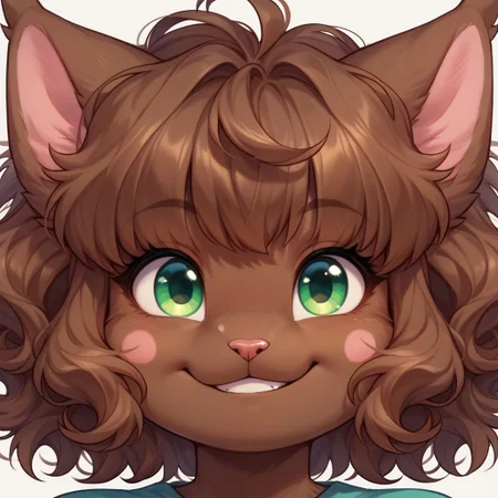 score_9, score_8_up, score_7_up, Darcie, anthro, brown fur, brown body, hair, pink cheeks, green eyes, Anthro, furry, FACE ONLY, HEAD ON, FACE FOCUS, fur, cute, centered, smile, winking, brown mouth