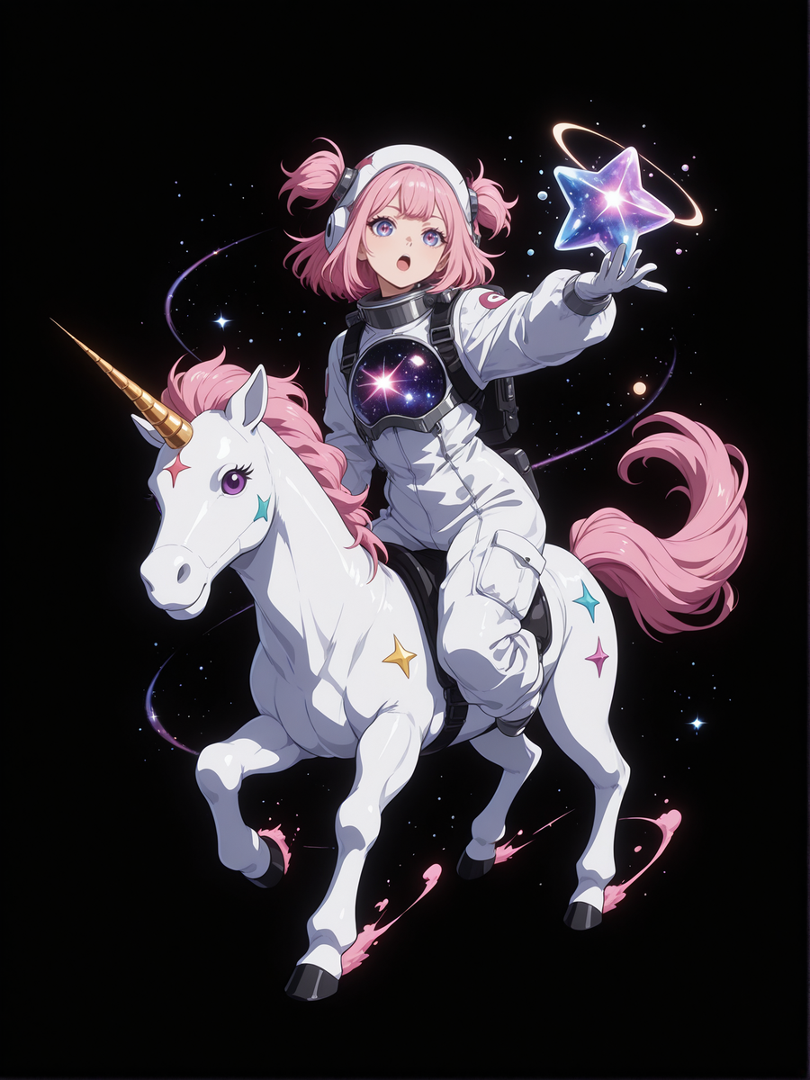 (black background, sssplashb, full body:1.2),purple eyes,pink hair,kawaii astronaut suit,riding a rocket-shaped unicorn,galaxy filled with candy planets and gumdrop meteors,winking,holding a starry plush toy. 