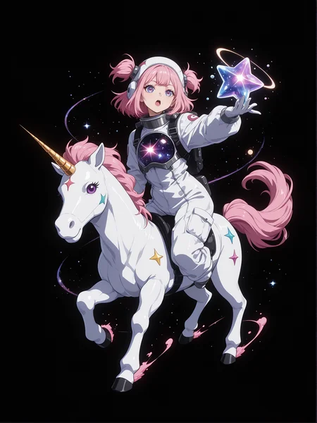 (black background, sssplashb, full body:1.2),purple eyes,pink hair,kawaii astronaut suit,riding a rocket-shaped unicorn,galaxy filled with candy planets and gumdrop meteors,winking,holding a starry plush toy. 