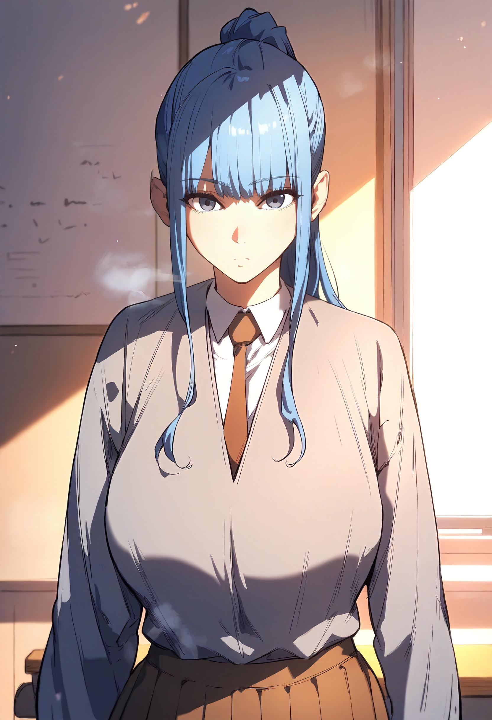 score_9, score_8_up, score_7_up, score_6_up, source_anime, rating_explicit, 1girl, solo, huge breasts, <lora:Im a-yeongponyxl:1> ponytail, long hair, blue hair, sidelocks, blue eyes, grey eyes, white shirt, collared shirt, grey jacket, brown necktie, pleated skirt, brown skirt, expressionless, Narrow shoulders, heavy breathing, steaming body, classroom, indoors, looking at viewer, close-up