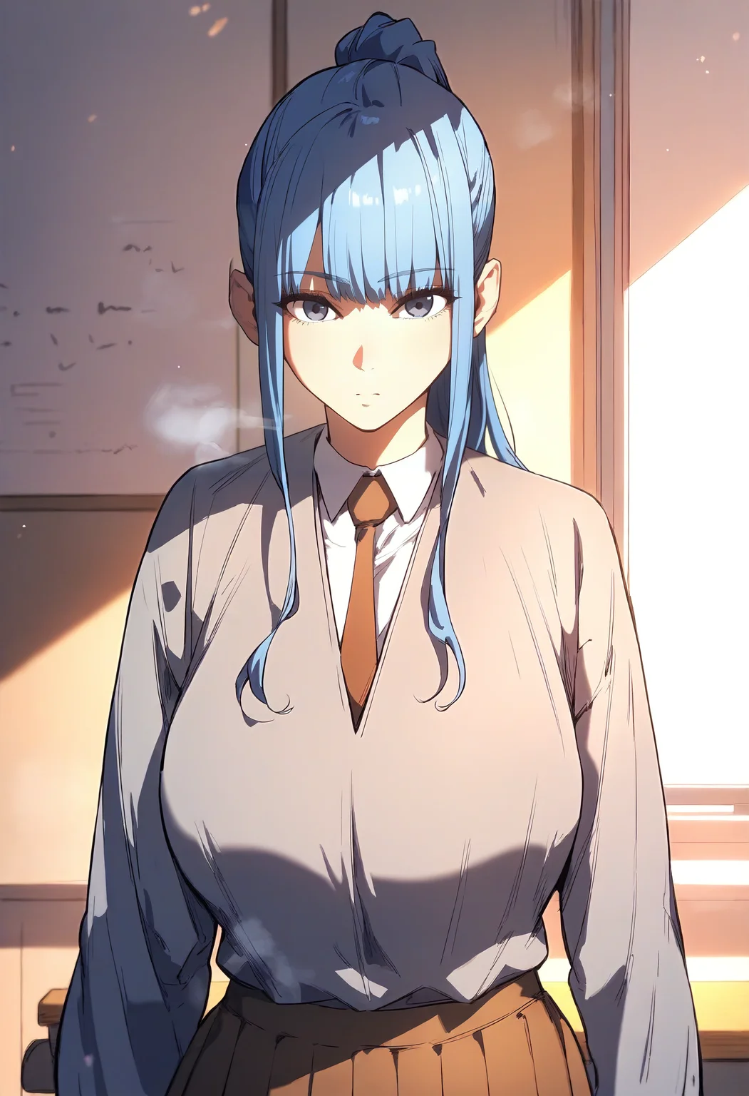 score_9, score_8_up, score_7_up, score_6_up, source_anime, rating_explicit, 1girl, solo, huge breasts, <lora:Im a-yeongponyxl:1> ponytail, long hair, blue hair, sidelocks, blue eyes, grey eyes, white shirt, collared shirt, grey jacket, brown necktie, pleated skirt, brown skirt, expressionless, Narrow shoulders, heavy breathing, steaming body, classroom, indoors, looking at viewer, close-up