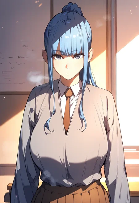 score_9, score_8_up, score_7_up, score_6_up, source_anime, rating_explicit, 1girl, solo, huge breasts, <lora:Im a-yeongponyxl:1> ponytail, long hair, blue hair, sidelocks, blue eyes, grey eyes, white shirt, collared shirt, grey jacket, brown necktie, pleated skirt, brown skirt, expressionless, Narrow shoulders, heavy breathing, steaming body, classroom, indoors, looking at viewer, close-up