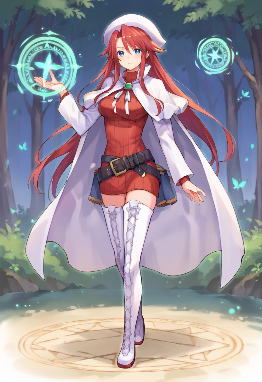 score_9,score_8_up,score_7_up,anime coloring BREAK source_anime,anime,<lora:Aty_Summon_night_3:0.8>,aty,1girl,solo,blue eyes,red hair,long hair,hat,sweater,belt,cape,white cape,white footwear,boots,thigh boots,serious,posing,outdoors,forest,looking at viewer,<lora:magic_circle_ponyXL_V1:1>,magic circle,(glowing:1.2),on ground,