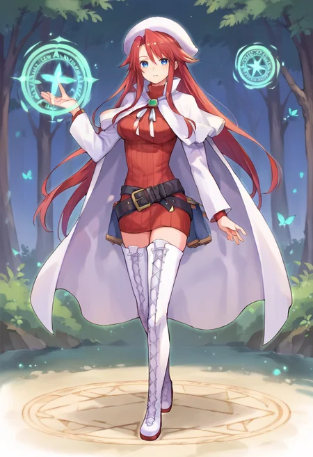 score_9,score_8_up,score_7_up,anime coloring BREAK source_anime,anime,<lora:Aty_Summon_night_3:0.8>,aty,1girl,solo,blue eyes,red hair,long hair,hat,sweater,belt,cape,white cape,white footwear,boots,thigh boots,serious,posing,outdoors,forest,looking at viewer,<lora:magic_circle_ponyXL_V1:1>,magic circle,(glowing:1.2),on ground,