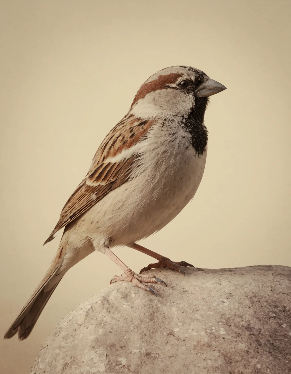 A house sparrow perched attentively on a rock with a neutral beige background, displaying its intricate plumage detail. Dramatic unusual scene. Beauty world. Retro filter and vintage style. Instagram toning effect, breathtaking photograph.