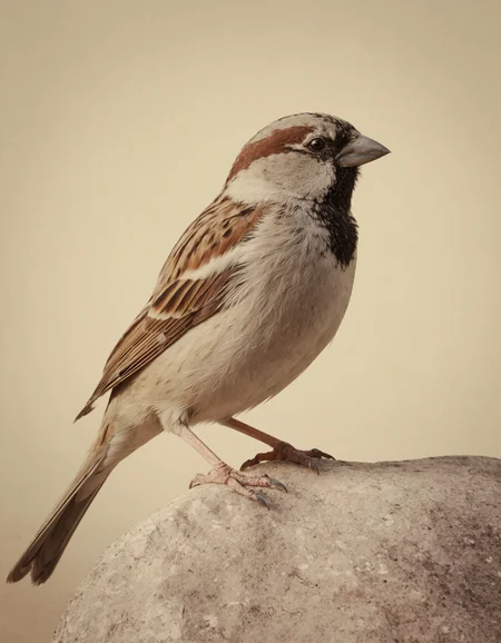 A house sparrow perched attentively on a rock with a neutral beige background, displaying its intricate plumage detail. Dramatic unusual scene. Beauty world. Retro filter and vintage style. Instagram toning effect, breathtaking photograph.