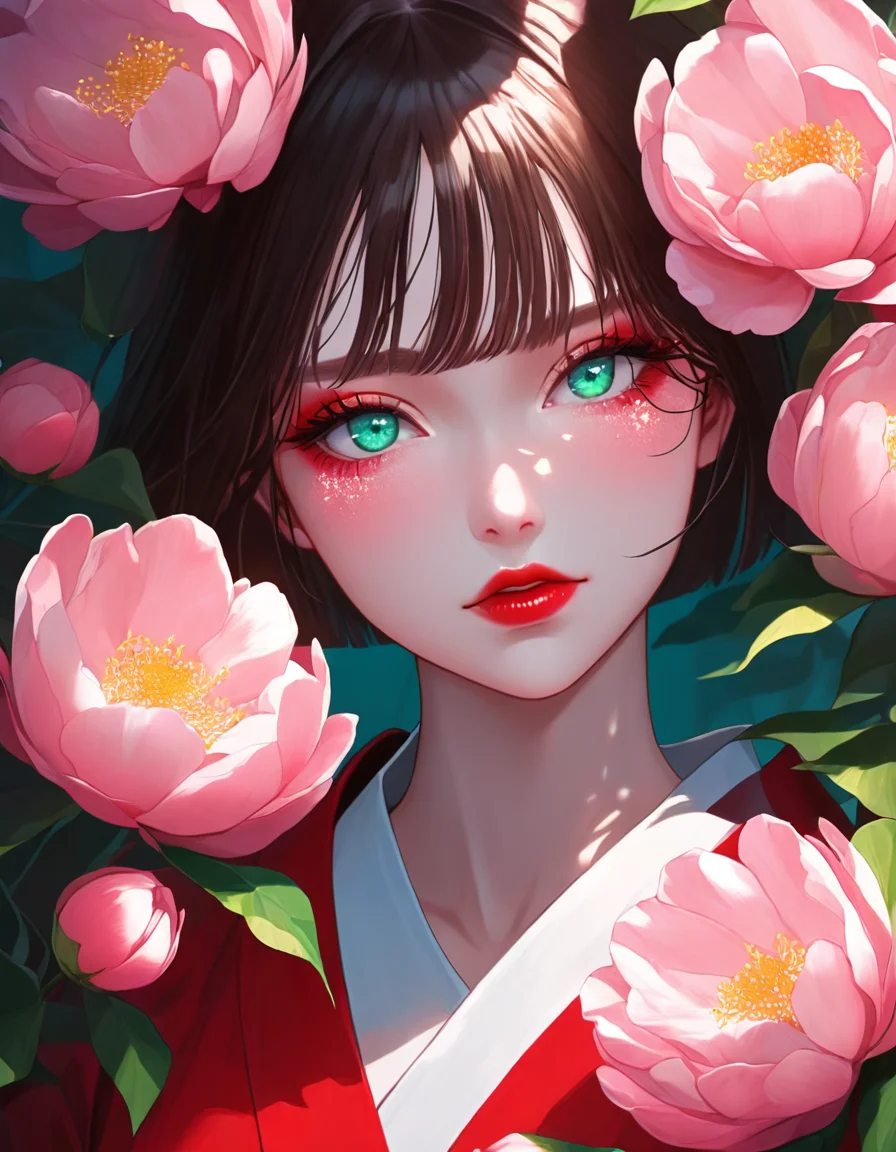 fantastical, ethereal aesthetic,a girl with green eyes, wearing red and white kimono, surrounded by large pink flowers
 <lora:fea_xl_v2:1>