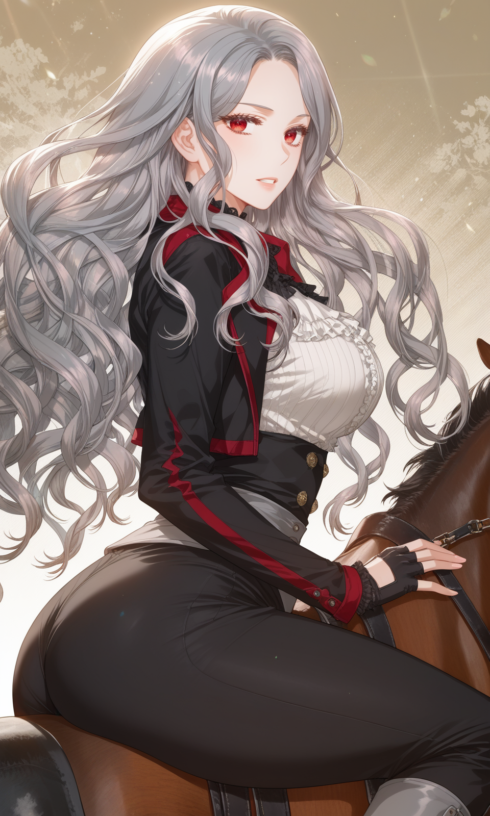 zPDXL3, score_9_up, score_8_up, score_7_up, (Anime_source),Masterpiece,(perfect female body:1.2), small waist,(incredibly detailed:1.4), slim, beautiful fingers, beautiful white skin, Beautiful clear skin, (huge breasts:1.1) (large breasts:1.1) (thick thighs:1.5)looking at viewer, from side, big breasts, ass, perfect ass, arne, 1girl, red eyes, grey hair, long hair, wavy hair<lora:Arne_-_Lips_On_The_Tip_Of_a_Knife__ManhwaWebtoon-000005:1> boots, gloves, red eyes, fingerless gloves, pants, riding outfit, jacket