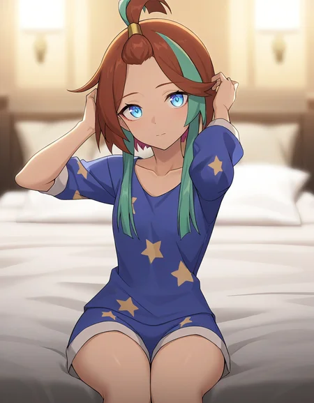 anime screencap,star pajamas,sitting on bed,pillow,stuffed toy,arms up,cinematic lighting,cinematic angel,glowing,blurry background,looking at viewer,pov,
<lora:andi_noob:0.8>,andi,1girl,solo,multicolored hair,streaked hair,aqua hair,two-tone hair,sidelocks,brown hair,short hair,blue eyes,topknot,
masterpiece,best quality,very aesthetic,absurdres,adjusting hair,