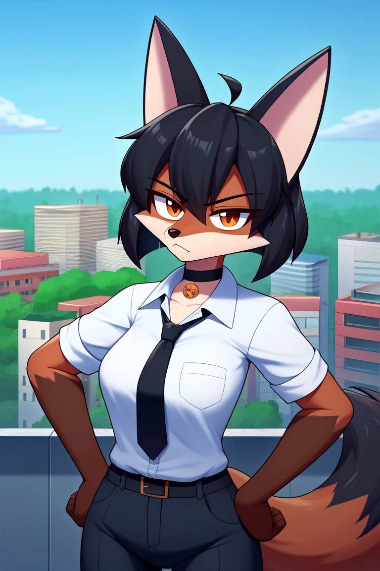 fox girl, furry, furry female, fox ears, fox tail, animal nose, tail, sharp teeth, grey fur, black fur, two-tone fur, suit, business suit, necktie, cute, cowboy shot, serious, expressionless, closed mouth, looking at the side, head tilt, pointing at viewer, finger gun, choker, petite, small breasts, rooftop, cityscape, wind, hands on own hips