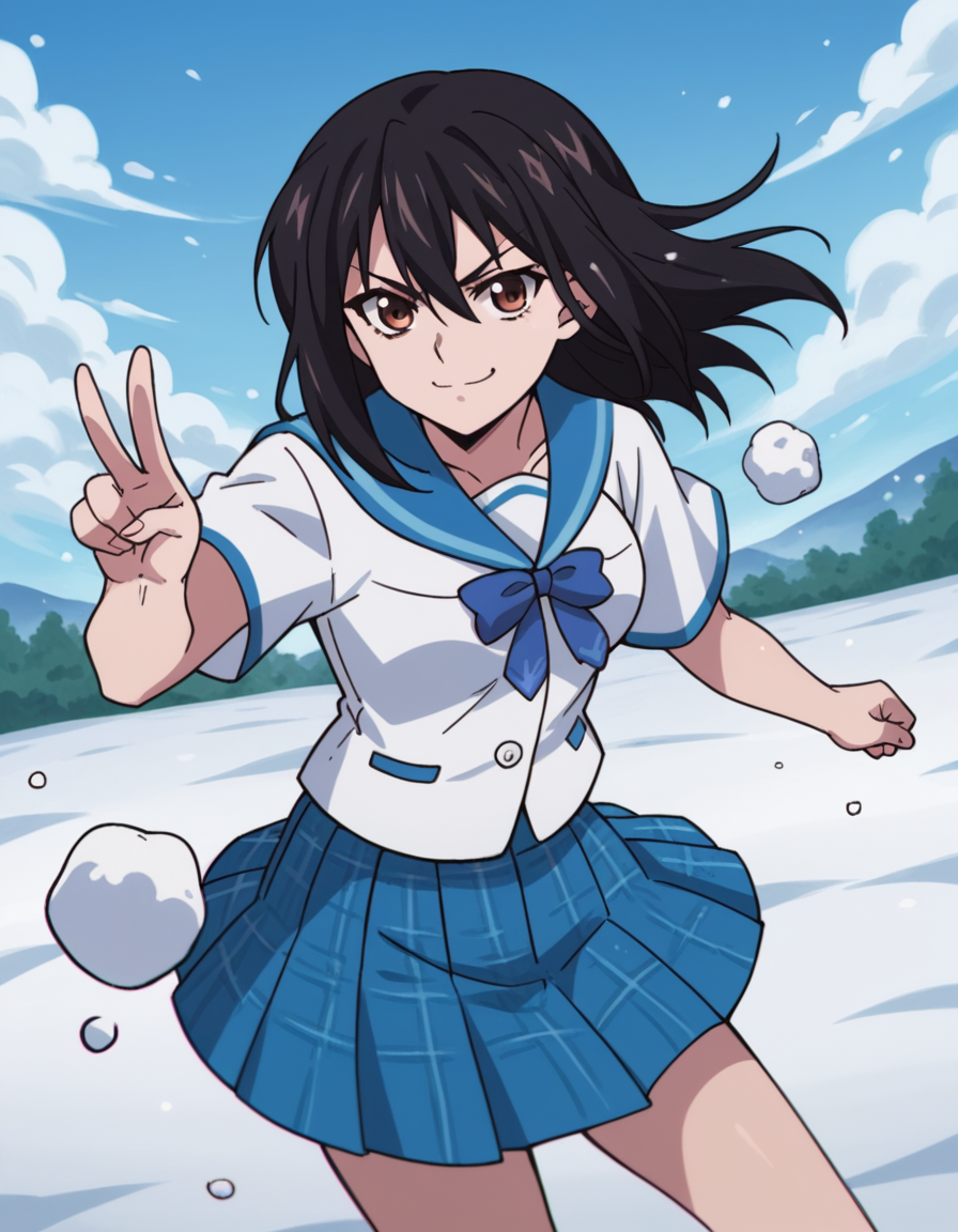 score_9, score_8_up, score_7_up, source_anime, <lora:yukina-himeragi-s1-ponyxl-lora-nochekaiser:1>, yukina himeragi, long hair, black hair, brown eyes, medium breasts,, skirt, bow, school uniform, pleated skirt, serafuku, sailor collar, blue skirt, plaid, blue bow,, snow day, winter clothes, snowball fight, laughter, cold breath, white landscape, , looking at viewer, v, v over mouth, smug,, solo,, cowboy shot, dutch angle