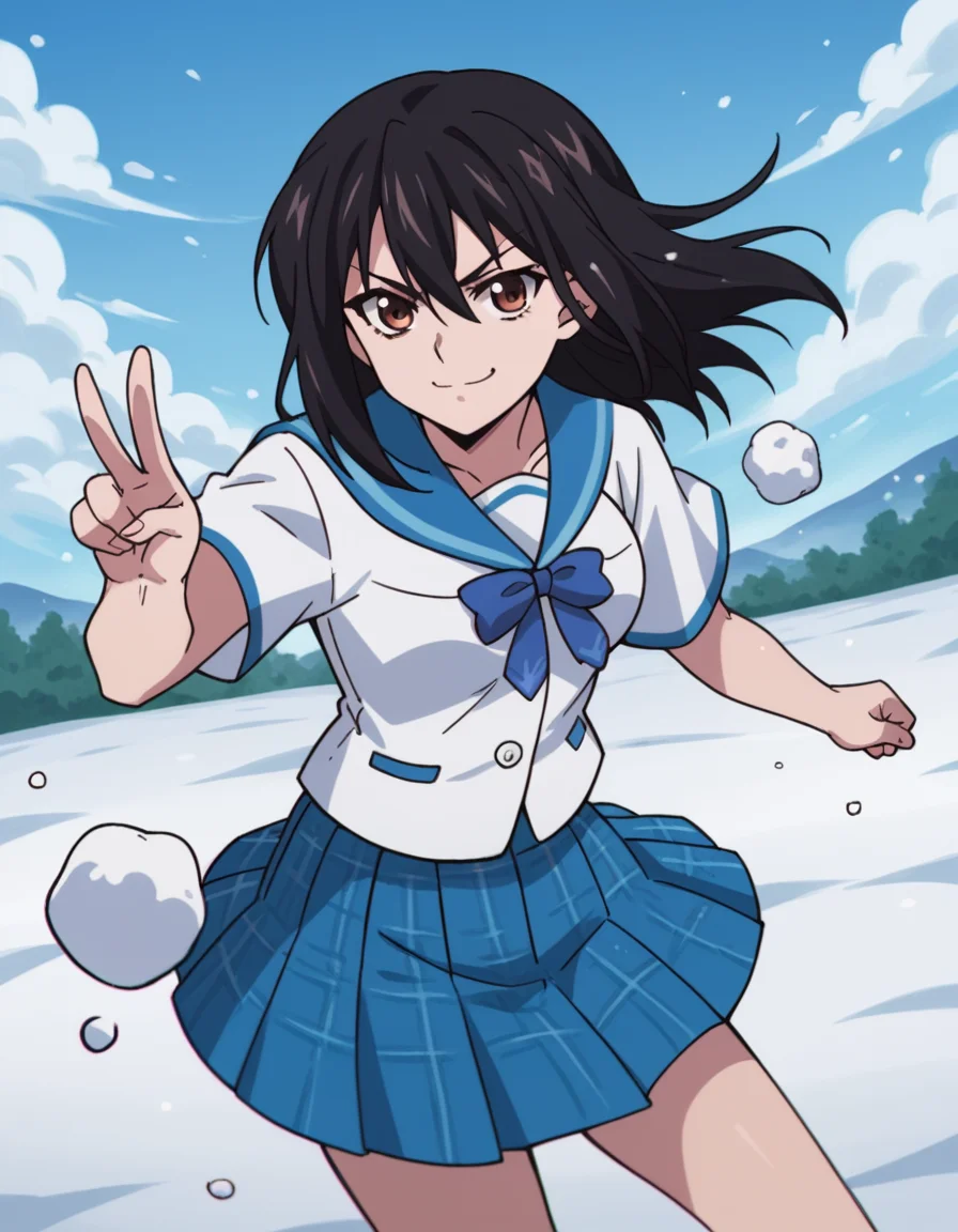 score_9, score_8_up, score_7_up, source_anime, <lora:yukina-himeragi-s1-ponyxl-lora-nochekaiser:1>, yukina himeragi, long hair, black hair, brown eyes, medium breasts,, skirt, bow, school uniform, pleated skirt, serafuku, sailor collar, blue skirt, plaid, blue bow,, snow day, winter clothes, snowball fight, laughter, cold breath, white landscape, , looking at viewer, v, v over mouth, smug,, solo,, cowboy shot, dutch angle