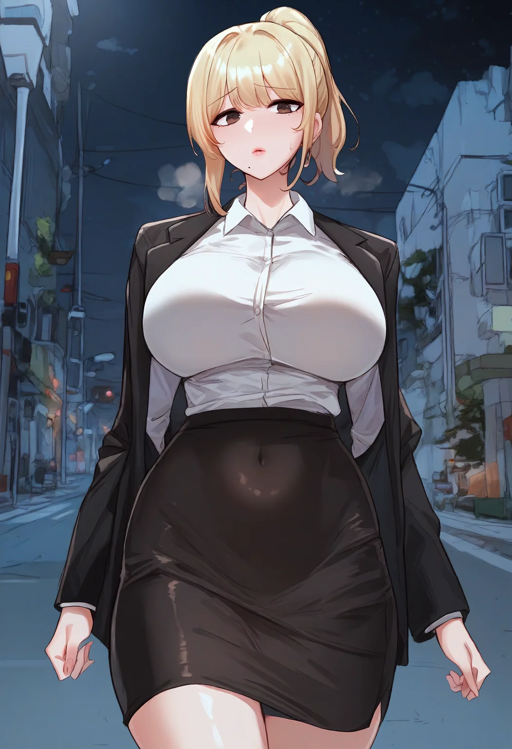 score_9, score_8_up, score_7_up, score_6_up, source_anime, rating_explicit, 1girl, solo, huge breasts,<lora:Park Dayoung prefectPonyxl:0.75> blonde hair, mole under mouth, brown eyes, medium hair, ponytail, sidelocks, office lady, black jacket, long sleeves, white shirt, collared shirt, shirt tucked in, covered navel, black skirt, pencil skirt, miniskirt, sad, parted lips, Narrow shoulders, heavy breathing, steaming body, night, street, outdoors, looking down, walking