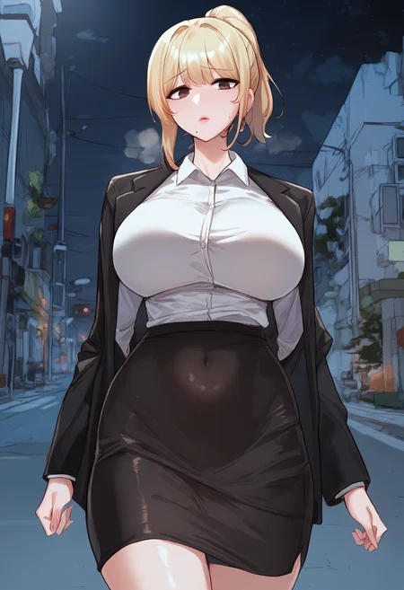 score_9, score_8_up, score_7_up, score_6_up, source_anime, rating_explicit, 1girl, solo, huge breasts,<lora:Park Dayoung prefectPonyxl:0.75> blonde hair, mole under mouth, brown eyes, medium hair, ponytail, sidelocks, office lady, black jacket, long sleeves, white shirt, collared shirt, shirt tucked in, covered navel, black skirt, pencil skirt, miniskirt, sad, parted lips, Narrow shoulders, heavy breathing, steaming body, night, street, outdoors, looking down, walking