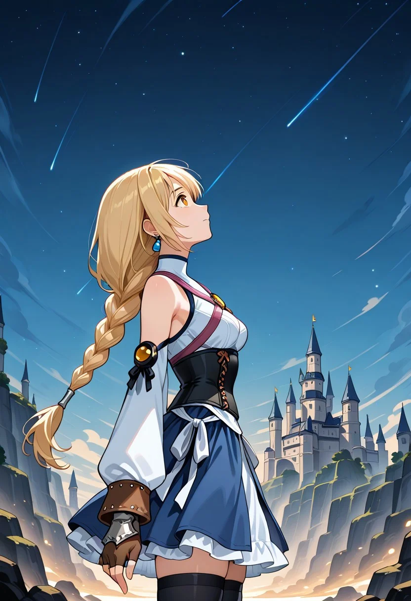 1girl, solo, saruvatorenoren, blonde hair, low-tied long hair, single braid, orange eyes, earrings, turtleneck, corset, medium breasts, sleeveless, gloves, blue skirt, fingerless gloves, long sleeves, dress, black thighhighs, strap, outdoors, castle, night, stars, from side, looking up, cowboy shot,