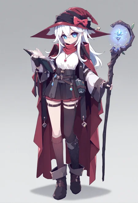 1girl,
solo, holding, hat, blue eyes, book, full body, witch hat, asymmetrical legwear, long hair, white hair, black footwear, thighhighs, boots, white background, staff, long sleeves, skirt, single thighhigh, uneven legwear, holding book, simple background, holding staff, standing, jewelry, necklace, belt, looking at viewer, hair between eyes, red headwear, hat bow, cape, fingerless gloves, breasts, wide sleeves, red cape, witch, open book, socks, gloves, pleated skirt, kneehighs, shirt, white shirt, thigh strap, red scarf, black gloves, bow, scarf,
.
masterpiece, best quality, very aesthetic, absurdres
<lora:仿²¢forNoob:0.95>