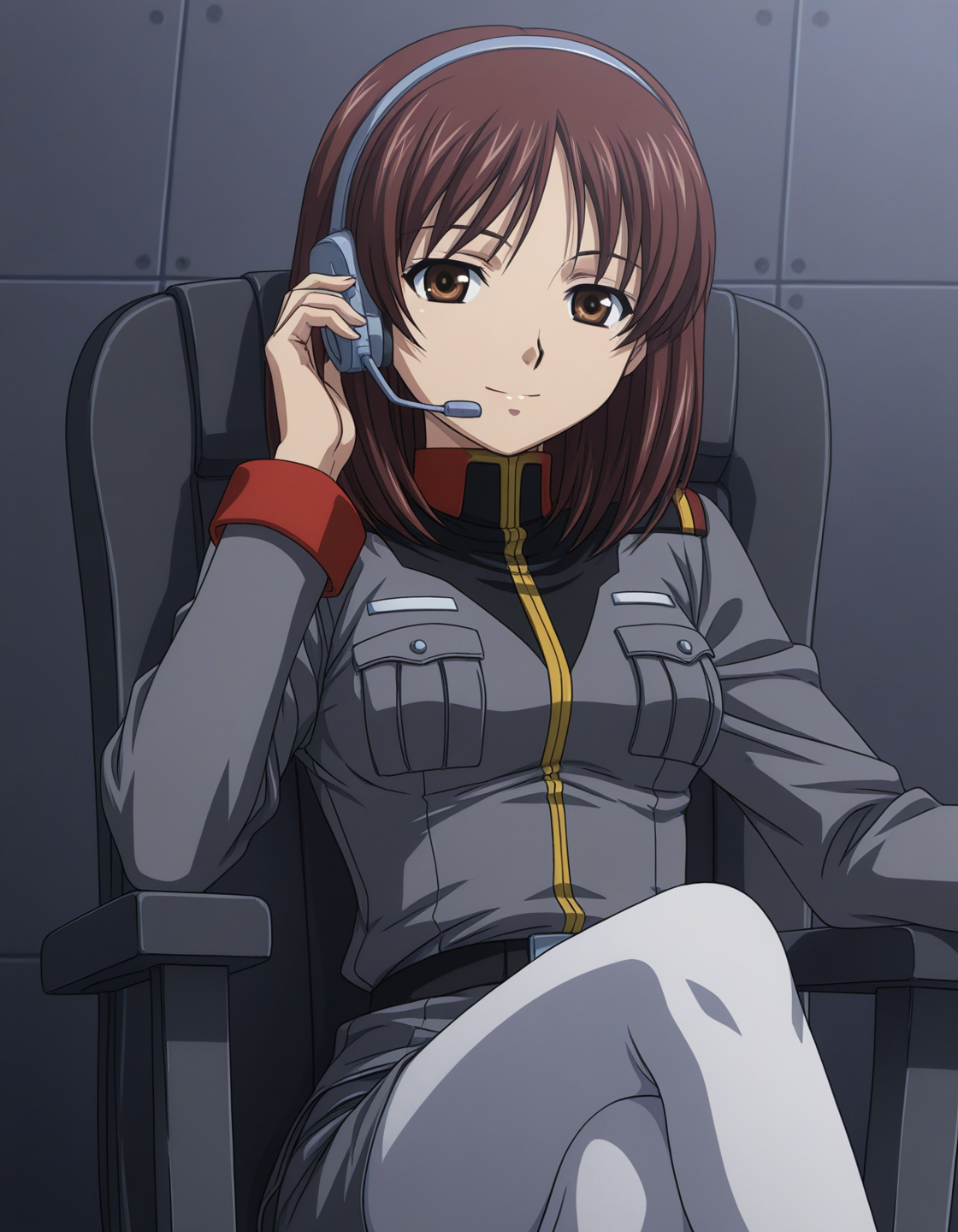 1girl, solo, noel anderson, brown hair, medium hair, brown eyes, smile, headset,  (three quarter view:1.2), military uniform, grey clothing, earth federation, miniskirt, white pantyhose, sitting on chair, one hand on headset, military base, glowing monitors, anime coloring, dark theme, low light, 2010s \(style\) <lora:noel_anderson_illustrious_v1:0.6>