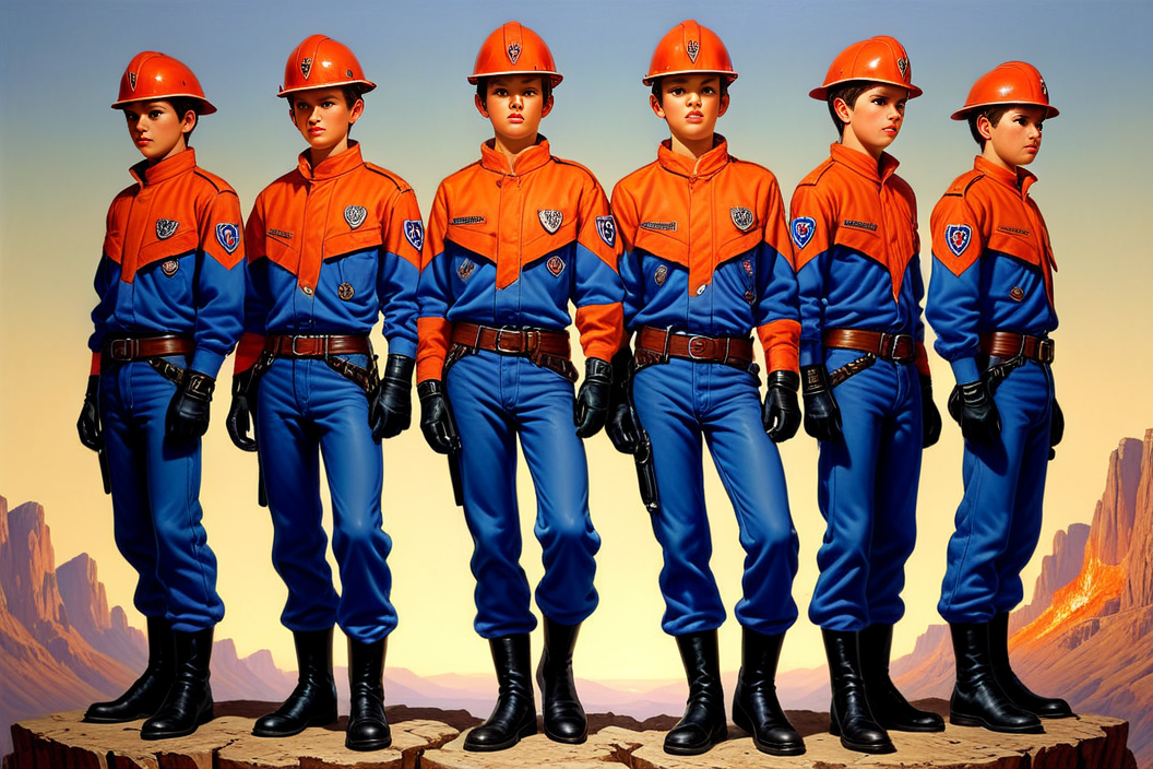 an ilustration of heroic jugendfeuerwehr teenage persons,   photorealistic , anatomically correct, by boris vallejo<lora:Jugendfeuerwehr:0.8>